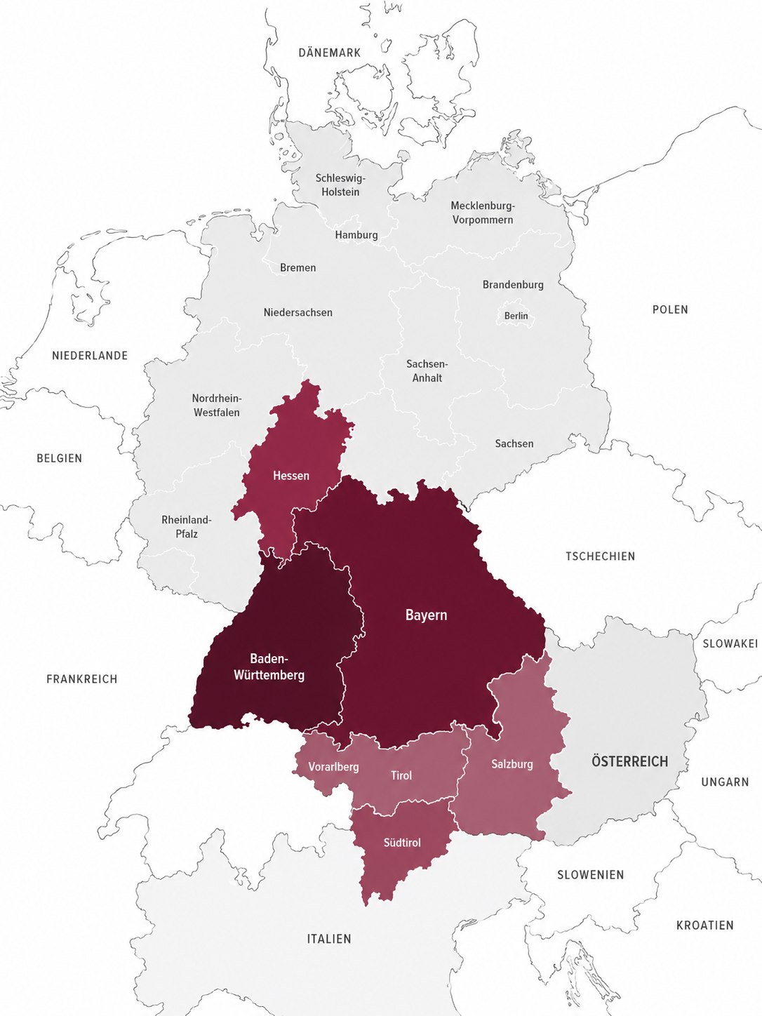 Einsatzkarte: Süddeutschland (Bayern, Baden-Württemberg), Westösterreich (Tirol, Vorarlberg) und Südtirol markiert