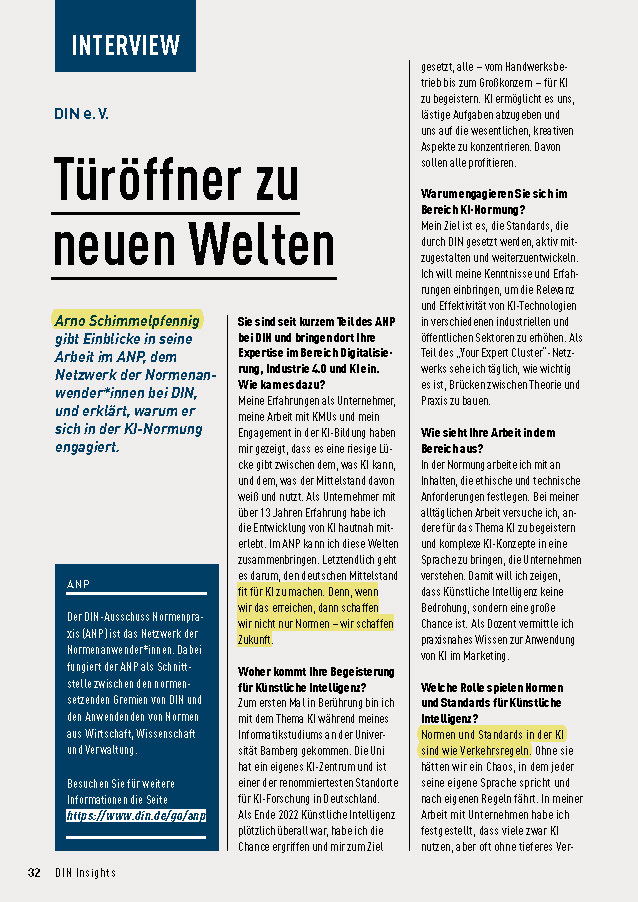 Vorschau des Interviews mit Arno Schimmelpfennig im DIN Magazin zum Thema KI-Normung.