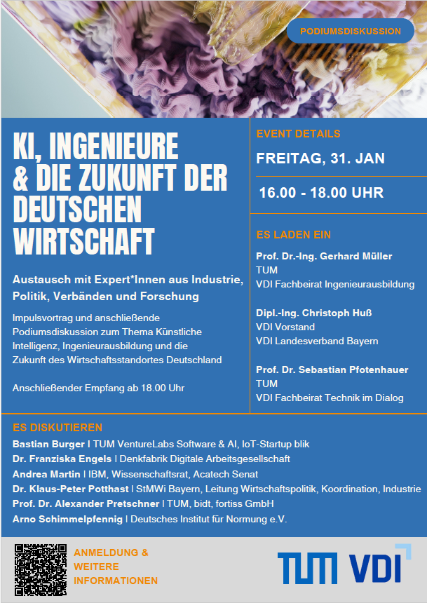 Arno Schimmelpfennig auf einer Podiumsdiskussion beim VDI zur Zukunft der deutschen Wirtschaft durch KI.