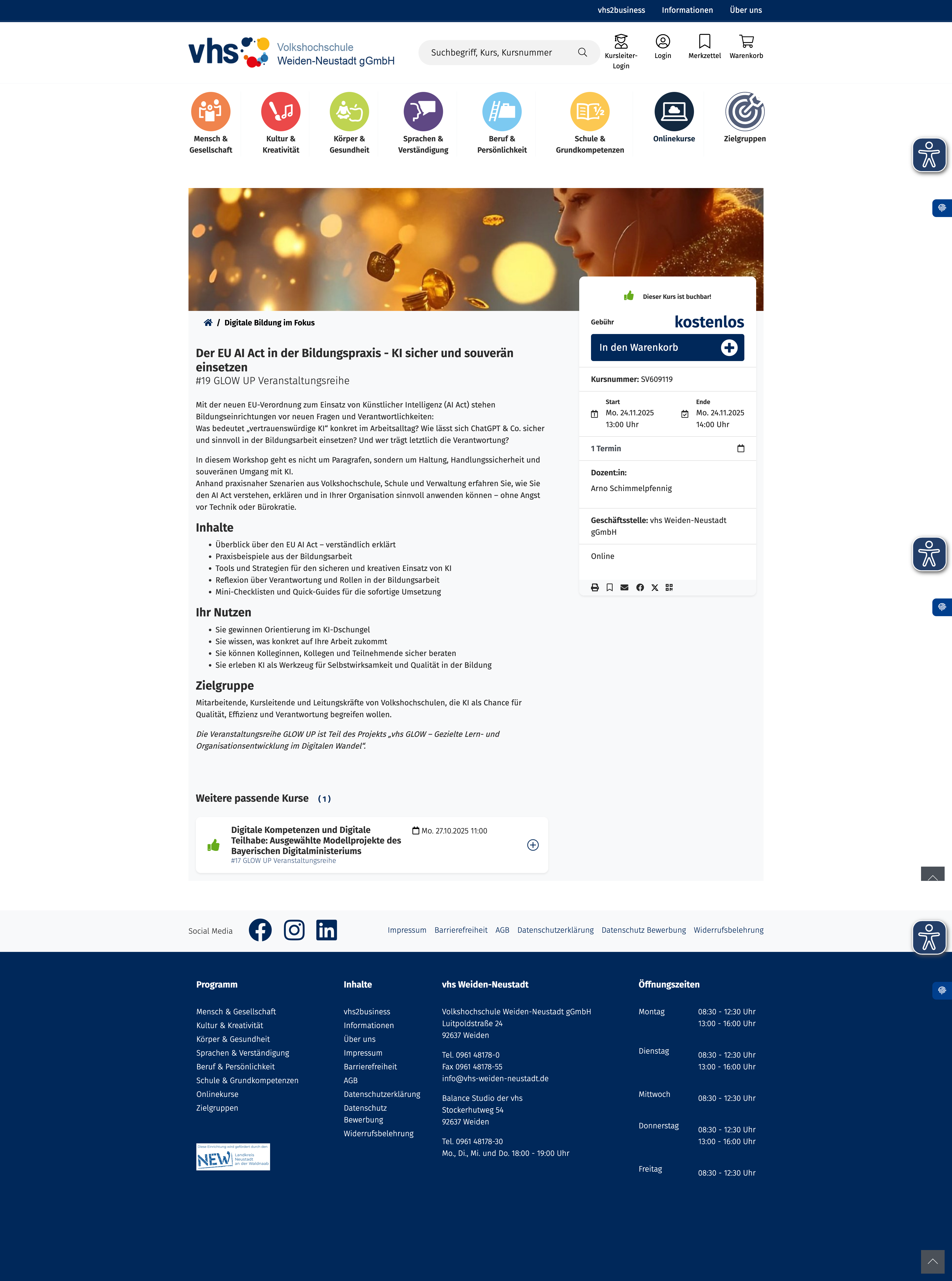 Screenshot des Kursangebots 'Der EU AI Act in der Bildungspraxis' der VHS Weiden-Neustadt mit Dozent Arno Schimmelpfennig.
