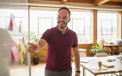 Arno Schimmelpfennig in einem Workshop, stehend vor einer Pinnwand mit Konzeptpapieren.